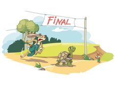 an image of a cartoon scene with tortoise and turtle running to the finish line