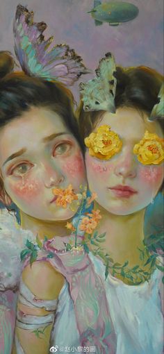 two girls with flowers and butterflies on their faces