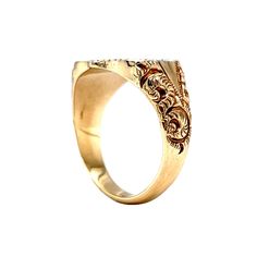 This modern signet ring is crafted in 14 karat yellow gold. Showcasing a unique shield shaped silhouette, this statement piece is sure to add a bold touch to any look. The front face is adorned with a polished finish and features a subtle texture resembling the shape of a shield. Wear this ring for a classic and timeless look that is sure to turn heads. Front Face, Metal Shop, Shop Engagement Rings, Subtle Textures, The Shape, Signet Ring, Gold Bands, Shop Necklaces, Shop Earrings