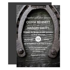 the rustic horseshoes wedding card is shown