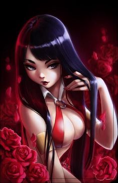 a woman with long black hair and red roses