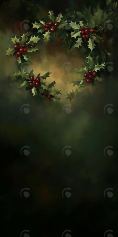 a christmas wreath with holly leaves and red berries is shown in the middle of a dark background