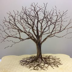 a tree that is sitting on top of a cloth covered tablecloth with no leaves