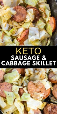 keto sausage and cabbage skillet in a cast iron skillet with text overlay