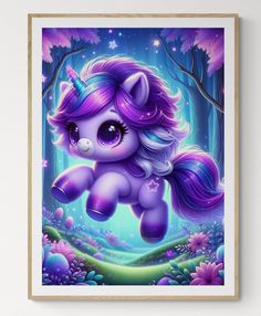 a painting of a purple pony flying through the air with trees and flowers in the background