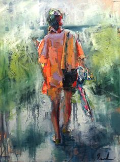 a painting of a person walking down the street