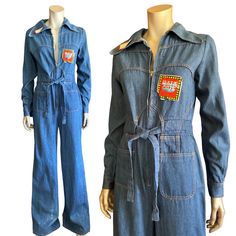 This is the 70s denim jumpsuit of all 70s denim jumpsuits!  How absolutely cute is it?  It is deadstock with original tags but there appears to be bleach splatters at the bottom of the legs.  Who cares?  It adds to it's 50+ year old story!  Wear it zipped up or zipped downnnnnn.   I did remove the tags in order to wash this because it was super dusty but I pinned them back on where they were. The square sticker lost it's adhesiveness so I put it in the pocket.  B- W- H- L- Shoulders- 70s Denim, Denim Jumpsuit, Dress Clothes For Women, 1970s, Zip Ups, Labour Day, Jumpsuit, Art Collection, Dress Outfits