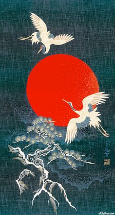 two white birds flying in front of a red sun