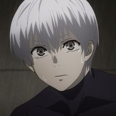 an anime character with white hair and blue eyes looks at the camera while wearing a black shirt