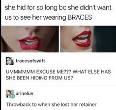 two pictures of women with red lipstick on their faces and one has her mouth open