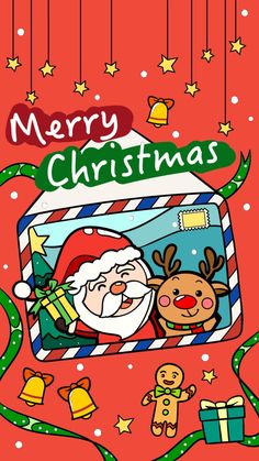 a merry christmas card with santa claus and reindeers on it, surrounded by stars