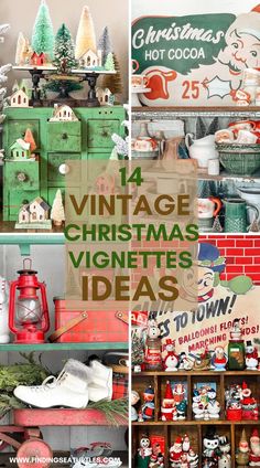 vintage christmas vignettes are displayed on shelves in various styles and colors, including green