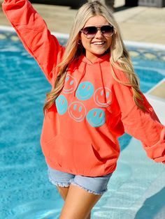 Smiley Neon Tee/Hoodie Yes, she really is THAT BRIGHT in person🥹😍 Aqua puff fontNeon coral color$35, SM-4XL Tee$50, SM-4XL Hoodie TAT: 5-7 business days Relaxed Fit Hoodie For Spring Leisure, Relaxed Fit Hoodie For Leisure In Spring, Spring Leisure Hoodie With Relaxed Fit, Comfortable Hoodie For Leisure In Spring, Spring Leisure Hoodie Comfortable Style, Comfortable Spring Leisure Hoodie, Oversized Orange Casual Sweatshirt, Casual Soft-washed Hoodie For Spring, Trendy Pink Sweatshirt For Leisure