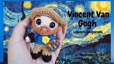 a small crocheted doll is in front of a starry night background with the words, vincent van gogh