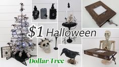 a collage of halloween decorations including a tree, skeleton and other items with the words $ 1 halloween on them