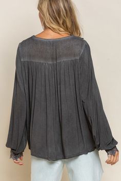 POL Relaxed feminine woven blouse with floral applique embroidery. See through accents, loose puffy sleeves, back pleated shirring, scallop floral applique wrists. V neckline. Stretchy fabric. Casual Romantic, shabby chic. Our most popular top, don't miss this one!Colors: Black, Modern Charcoal (has bluish cast), Romantic TaupeSizes: S-M-L Loose true to size fit. Bust 34-36-38, Length 24-25, fabric is stretchy 94% Rayon, 6% Spandex, hand wash cold, lay flat, importedI6/TKT356A Applique Blouse, Lace Weave, Romantic Shabby Chic, Long Sleeve Floral Top, Long Sleeve Outerwear, Applique Embroidery, Puffy Sleeves, Woven Top, Floral Applique