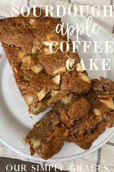 two slices of coffee cake on a plate with the words, sourdough apple coffee cake