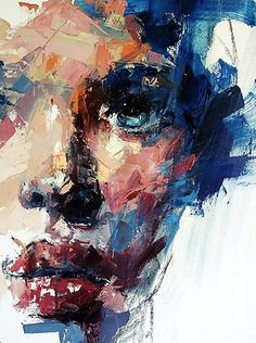 an abstract painting of a woman's face with blue and red colors on it