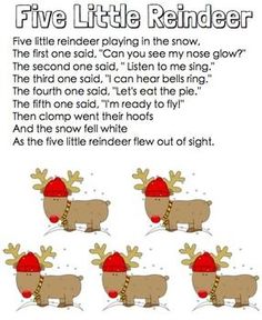 the five little reindeers are playing in the snow with their red hats and antlers