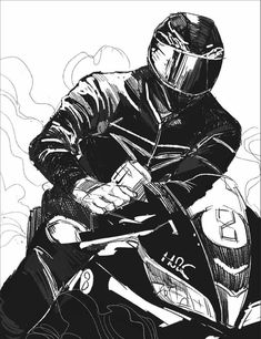 a black and white drawing of a person on a motorcycle