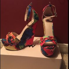 Floral With Gold Accents! Never Worn. Perfect For Spring And Summer!! Multicolor Floral Print Heels For Spring, Vibrant Multicolor Summer Heels, Summer Multicolor Floral Print Heels, Multicolor Floral Print Wedge Heels, Multicolor Casual Heels For Spring, Vibrant Spring Heels, Colorful Casual Party Heels, Casual Colorful Heels For Party, Heels Ideas