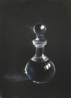 a black and white drawing of a glass bottle on a dark background with light coming through the top