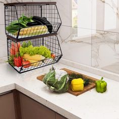 a kitchen counter with vegetables on it