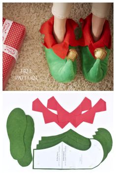 two pictures showing the steps to make elf slippers with paper and glue on them