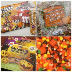 halloween treats and candy are shown in four different pictures, including pumpkins, jack - o'- lanterns, and peanuts