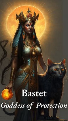 an image of a woman with a cat in her hand and the words bastet goddess of protection