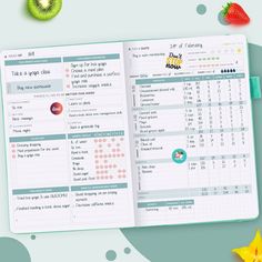 an open planner with fruits and vegetables on the side, next to it is a purple background