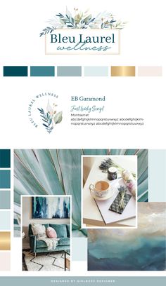 the blue and gold color scheme is featured in this brochure for an interior design firm