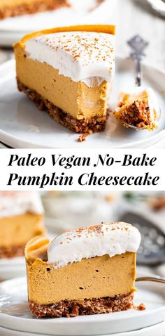 two plates with slices of no bake pumpkin cheesecake