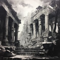 black and white photograph of an old building with stone steps leading up to the entrance