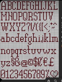 a cross stitch pattern with the letters and numbers in red, white and grey colors