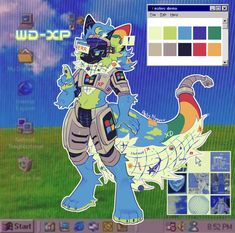 an image of a cartoon character on a computer screen with color swatches in the background