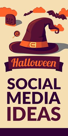 a halloween social media poster with a witch's hat and bats in the background