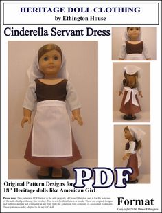 the doll is wearing a brown and white dress with an apron on it's head