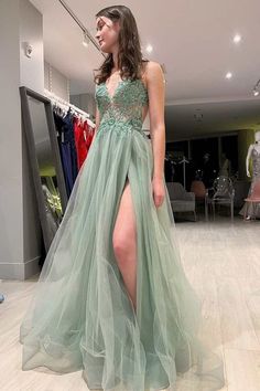 Green Evening Dress, Fashion Formal, Green Tulle, Professional Dress, A Line Prom Dresses, Dresses Elegant, Professional Dresses, Stretch Satin