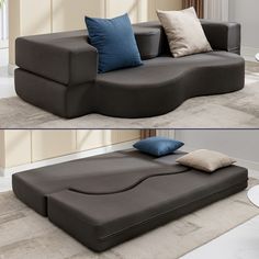 two pictures of a couch with pillows on it and the same one in different positions