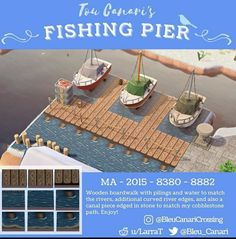 an advertisement for fishing pier with boats on the water