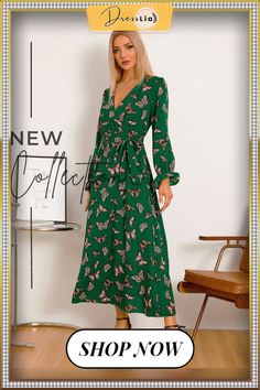 Butterfly Print Belt Long Sleeve V-neck Maxi Dress Chic Spring V-neck Wrap Dress, Green V-neck Wrap Dress For Spring, Casual Green V-neck Dress For Fall, Chic Green V-neck Dress With Surplice Neckline, Green V-neck Dress For Fall, Green Casual V-neck Midi Dress, Casual Green V-neck Midi Dress, Spring V-neck Maxi Dress For Work, Green V-neck Casual Midi Dress