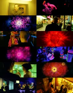 many different images of people in the dark and brightly lit room, with one person looking at his cell phone