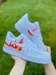 * Hand painted custom Air Force 1 07 Low * Not vinyl, stickers or patches * No returns, refunds or exchanges * Processing time is 2-3 weeks * I cannot expedite orders or make for a specific date * Delivery time depends on country * Cancellations up to 24 hours after purchase * Please try on shoes in a store to make sure you order the correct size * Please order correct size - if you order incorrect size this is your own responsibility * If you order a women's size it is possible you receive the men's option of the same size -the shoes will be the same only the number on the box will differ * Wipe clean only, no washing or picking * Shoes are 100% genuine and can be proven so * Shoes are bought from a genuine retailer, copy of original receipt of purchase can be provided upon request * If y Custom Sneakers Diy, Man Sneakers, Air Force Shoes, Custom Shoes Diy, Diy Sneakers, Nike Shoes Air Force, Custom Nike Shoes, Fire Flame, Custom Air Force 1