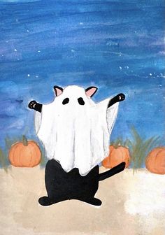 a painting of a black and white cat sitting in front of pumpkins on the beach