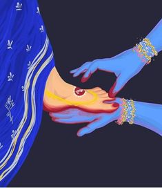 two hands reaching out to each other with blue and yellow designs on their arms,