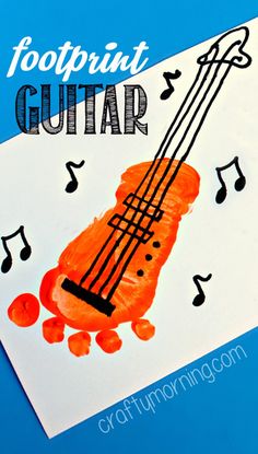 an orange guitar with music notes on it and the words footprint guitar written in black