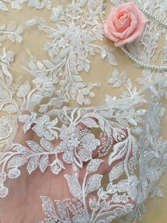 "* Length : 1 Yard, More would be cut into one piece * Width : 130 cm / 51.18\" * Color: Ivory * Patterns: Plants and Flowers * Material: Polyester, Lace, Cotton, Floral Embroider, Sequins * Technology: Embroider *Perfect for wedding dress making , baby clothes , curtains ,costume design , dress making and so on *Ideal for Dress, headbware, female underware brim,handbag accessory, hat. pillow,curtain,dolls outfits , home decor etc. *Designed by famous master specially for bridal accessories. *Wh White Dresses With Pearl Embroidery For Bride, White Bride Dress With Pearl Embroidery, White Bridal Dress With Pearl Embroidery, Embroidered Lace Wedding Gown, Lace Dress With Floral Embroidery For Wedding, Lace Embroidered Wedding Gown, Bridal Lace Dresses With Intricate Embroidery, Wedding Lace Gown With Embroidery, Wedding Gown With Embroidered Lace