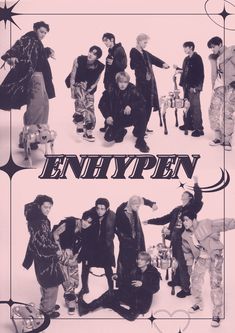 an advertisement for enhypen featuring young men in black and white, with the words enhypen written above them