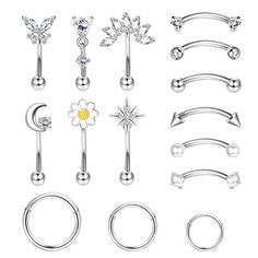 an assortment of piercings with different shapes and sizes